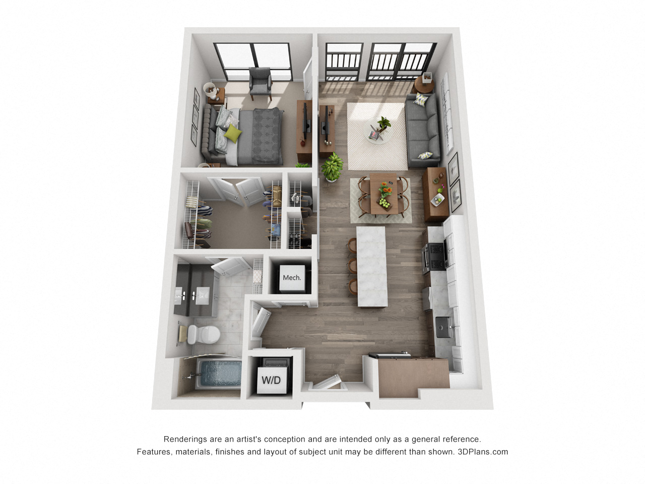 Floor plan for 1 bed, 1 bath, 743 sqft